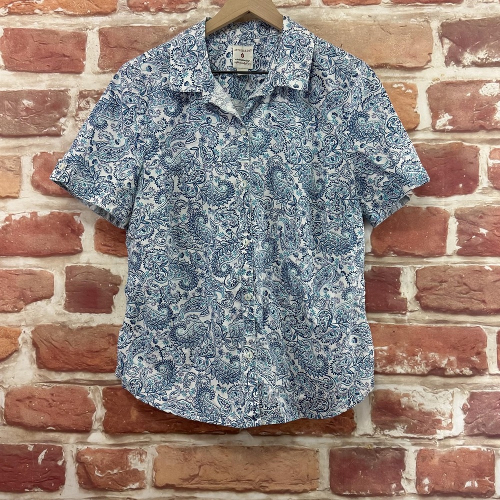 VTG Appleseeds Top Womens 14 Blue Multicolor Boho Floral Paisley Button Up Shirt
